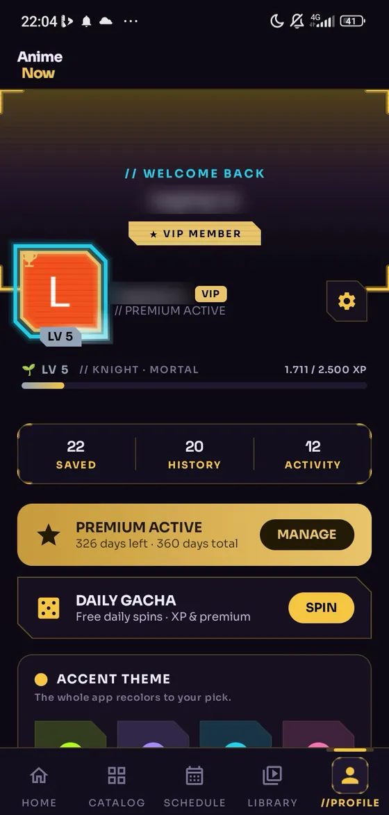 Profile with level, VIP and daily gacha